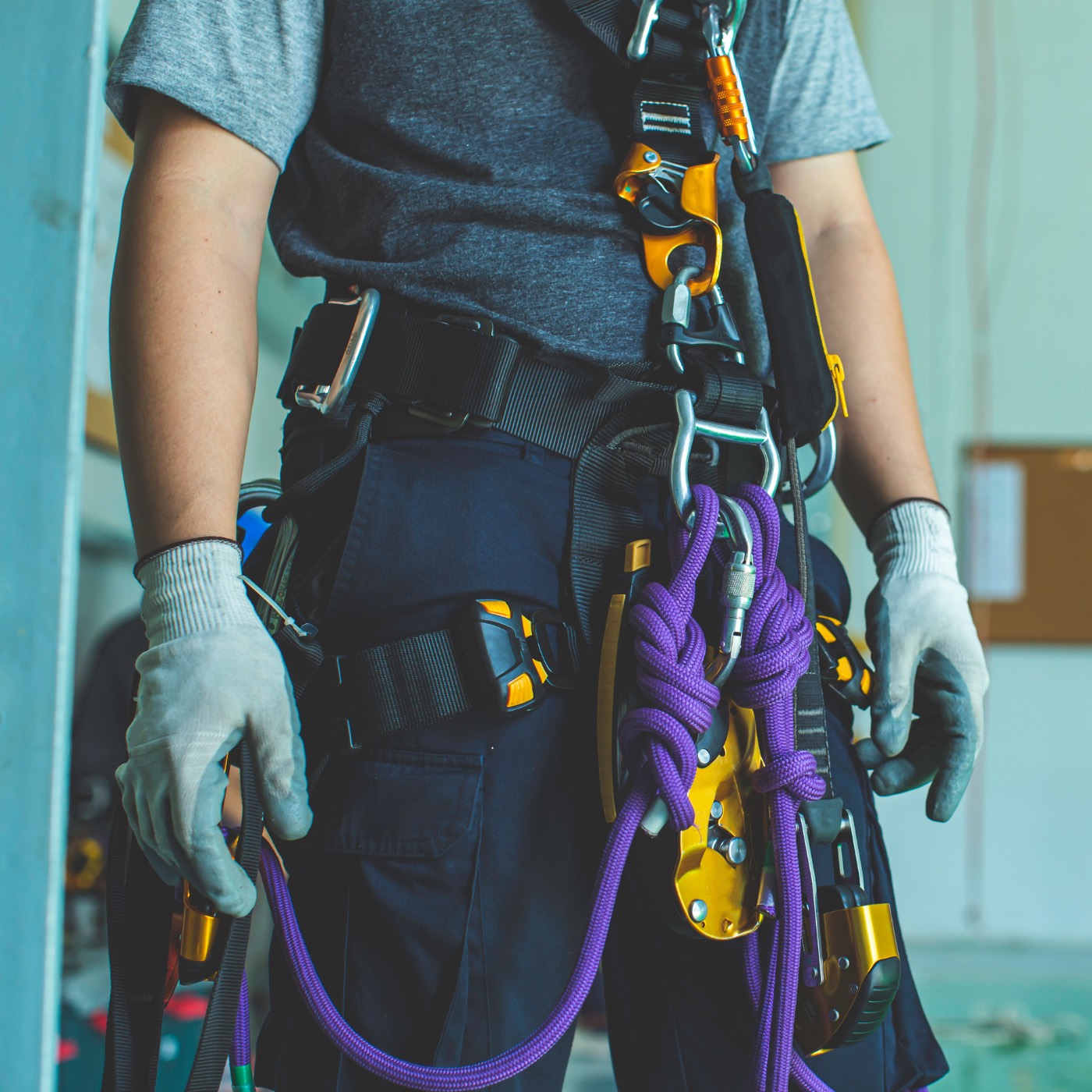 Close-up of rope access harness and safety equipment